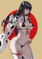 Rule 34 | 1girl, animal ears, animal print, bell, bikini, black bikini, black hair, blue eyes, blunt bangs, brown background, chinese zodiac, clothes pull, cow ears, cow girl, cow horns, cow print, cuffs, fingernails, highres, horns, long hair, long sleeves, nail polish, navel, one-piece swimsuit pull, original, panties, parted lips, red nails, remomon0, revealing clothes, rope, shackles, shoutao, solo, swimsuit, underwear, white legwear, wide sleeves, year of the ox