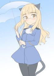 Rule 34 | 1girl, animal ears, aohashi ame, ascot, black pantyhose, blonde hair, blue jacket, cat ears, cat tail, closed mouth, glasses, highres, holding, holding umbrella, jacket, long hair, long sleeves, looking at viewer, military, military uniform, no pants, pantyhose, perrine h. clostermann, rimless eyewear, smile, solo, standing, strike witches, tail, umbrella, uniform, white ascot, world witches series, yellow eyes