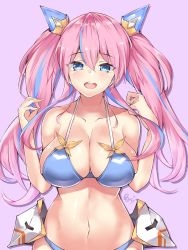 Rule 34 | 1girl, :d, absurdres, bad id, bad pixiv id, bikini, blue bikini, blue hair, breasts, chunithm, commentary request, hair between eyes, head tilt, highres, large breasts, long hair, looking at viewer, multicolored hair, mushpz, navel, open mouth, pink background, pink hair, selene cheryl (chunithm), signature, smile, solo, streaked hair, swimsuit, twintails