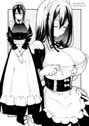 Rule 34 | 1girl, apron, breasts, cleavage, closed mouth, commentary request, corset, dated, full body, glasses, grey background, greyscale, hair between eyes, highres, kichihachi, large breasts, long hair, looking at viewer, maid, maid apron, maid headdress, monochrome, multiple views, original, standing, twitter username, two-tone background