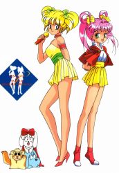 Rule 34 | 1990s (style), 2boys, arm behind back, armband, arms behind back, blonde hair, bow, choker, dog, dress, full body, green eyes, hair bow, hair rings, high heels, highres, holding, holding microphone, idol densetsu eriko, idol tenshi youkoso youko, long hair, medium hair, microphone, miniskirt, multiple boys, official art, open mouth, pink footwear, pink hair, retro artstyle, short dress, simple background, skirt, smile, standing, strapless, strapless dress, tamura eriko, tanaka youko, twintails, white background, yellow skirt