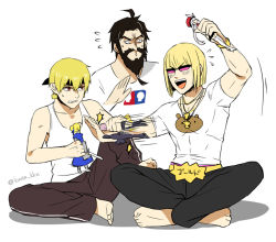Rule 34 | 3boys, alternate costume, arm up, artoria pendragon (all), artoria pendragon (fate), barefoot, beard, black hair, black pants, blonde hair, casual, character doll, doll, earrings, edward teach (fate), edward teach (final ascension) (fate), facial hair, fate/grand order, fate/stay night, fate (series), figure, flying sweatdrops, gilgamesh (fate), goatee, indian style, jewelry, kana, male focus, marie antoinette (fate), mash kyrielight, multiple boys, mustache, necklace, open mouth, pants, red eyes, saber (fate), sakata kintoki (fate), sensha otoko, shirt, short sleeves, sitting, stubble, stuffed toy, sunglasses, t-shirt, tank top, translated, twitter username, white shirt