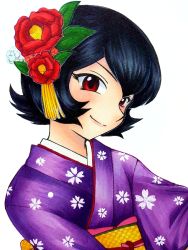 Rule 34 | 1girl, black hair, courtney (pokemon), creatures (company), eyelashes, female focus, floral print, flower, flower on head, game freak, hair ornament, happy, highres, japanese clothes, kimono, long sleeves, looking at viewer, mew holic, neck, nintendo, obi, pokemon, pokemon adventures, print kimono, print yukata, purple kimono, purple yukata, red eyes, red flower, sash, short hair, sidelocks, simple background, smile, team magma, upper body, white background, yellow sash, yukata