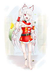 Rule 34 | 1girl, ;d, anklet, barefoot, draw-till-death, fire, fujiwara no mokou, highres, jewelry, long hair, one eye closed, open mouth, red eyes, ribbon, sack, santa costume, smile, star (symbol), touhou, very long hair, waving