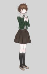 Rule 34 | 1boy, absurdres, bad id, bad twitter id, black socks, blush, brown eyes, brown hair, closed mouth, commentary request, crossdressing, danganronpa: trigger happy havoc, danganronpa (series), fujisaki chihiro, full body, green neckwear, grey background, highres, jacket, jecheubo, kneehighs, long sleeves, looking at viewer, male focus, own hands together, pleated skirt, ribbon, school uniform, shirt, shoes, short hair, simple background, skirt, socks, solo, standing, trap, white shirt
