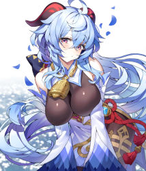 Rule 34 | 1girl, :/, bare shoulders, bell, black bodysuit, blue hair, blush, bodystocking, bodysuit, bodysuit under clothes, breasts, closed mouth, collar, cowbell, crossed bangs, detached collar, detached sleeves, falling petals, floating hair, ganyu (genshin impact), genshin impact, goat horns, gradient eyes, hair between eyes, head tilt, highres, horns, indol, large breasts, long hair, long sleeves, looking at viewer, multicolored eyes, neck bell, petals, ponytail, purple eyes, solo, thighs, vision (genshin impact), white collar, white sleeves, wide sleeves