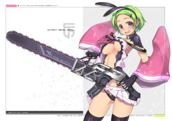 Rule 34 | 1girl, :d, animal ears, bad id, bad pixiv id, black panties, black thighhighs, blush, bow, bow panties, breasts, center opening, chainsaw, cleavage, covered erect nipples, detached sleeves, gloves, green hair, hair ornament, hairband, hairclip, medium breasts, miniskirt, no bra, open mouth, original, panties, pleated skirt, rabbit ears, red eyes, short hair, skindentation, skirt, smile, solo, t-track, t-track (artist), thighhighs, trigger discipline, underboob, underwear, weapon
