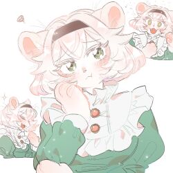 Rule 34 | + +, 1girl, :t, animal ears, animal hands, body fur, brown hairband, closed eyes, closed mouth, colored eyelashes, dress, fangs, frilled shirt collar, frills, furry, furry female, green dress, green eyes, hairband, hand on own cheek, hand on own face, hands up, highres, juliet sleeves, lion ears, lion girl, long sleeves, looking at viewer, multiple views, open mouth, original, puffy sleeves, rata (norahasu), scribble, short hair, simple background, sparkle, upper body, whiskers, white background, white fur