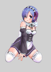 Rule 34 | 10s, 1girl, absurdres, arm behind back, arm support, black dress, black hairband, blue hair, blush, breasts, cleavage, dress, eyes visible through hair, full body, grey background, hair ornament, hair over one eye, hairband, highres, lace, lace-trimmed legwear, lace trim, light frown, long sleeves, looking at viewer, medium breasts, miokikoeru, parted lips, pink ribbon, re:zero kara hajimeru isekai seikatsu, rem (re:zero), ribbon, short dress, short hair, simple background, sitting, solo, thighhighs, wariza, white thighhighs, x hair ornament
