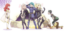 Rule 34 | 3boys, 3girls, alm (fire emblem), arm behind head, armor, armored boots, black hair, black wings, blonde hair, blush, boots, bow, braid, breasts, brown eyes, brown hair, cape, celica (fire emblem), center opening, clair (fire emblem), cleavage, closed eyes, crown, dark skin, dress, faye (fire emblem), feathered wings, fire emblem, fire emblem echoes: shadows of valentia, full body, gloves, gold, gray (fire emblem), green eyes, green hair, groin, headband, heart, high heels, highres, jealous, jewelry, long hair, low-braided long hair, low-tied long hair, medium breasts, multiple boys, multiple girls, nintendo, open mouth, ponytail, red eyes, red hair, revealing clothes, smile, surprised, sweatdrop, thigh boots, thighhighs, tiara, tobin (fire emblem), tuqi pix, twin braids, wings