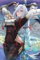 Rule 34 | 1girl, absurdres, aqua nails, archstreal, arms up, black bodysuit, bodysuit, braid, breasts, bridal gauntlets, chinese clothes, closed mouth, clothing cutout, covered navel, crystal, genshin impact, gold trim, hair ornament, highres, hip vent, holding, holding polearm, holding weapon, long hair, looking ahead, low-braided long hair, low-tied long hair, nail polish, polearm, purple eyes, shenhe (genshin impact), silver hair, solo, tassel, very long hair, weapon