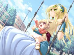 Rule 34 | 2girls, baby, blonde hair, blue eyes, blush, breasts, elf, game cg, large breasts, minna daisuki kozukuri banchou, mother and daughter, multiple girls, outdoors, pointy ears, sylphietta