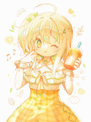 Rule 34 | 1girl, ahoge, arm garter, bare shoulders, beamed eighth notes, blush, braid, choker, closed mouth, collarbone, cowboy shot, criss-cross halter, cup, d omm, drink, drinking straw, eighth note, emphasis lines, food-themed hair ornament, french braid, gradient eyes, green eyes, green hair, hair between eyes, hair ornament, hair ribbon, halterneck, high-waist skirt, holding, holding cup, long hair, looking at viewer, multicolored eyes, multicolored hair, musical note, nail polish, off-shoulder shirt, off shoulder, one eye closed, orange choker, orange eyes, orange hair, orange hair ornament, orange nails, orange theme, original, plaid, plaid skirt, ribbon, shirt, shirt tucked in, side ponytail, sidelocks, simple background, skirt, smile, solo, streaked hair, tongue, tongue out, v, white background, white shirt