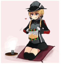 Rule 34 | 10s, 1girl, :p, anchor choker, anchor hair ornament, annin musou, bad id, bad pixiv id, cup, cushion, food, gloves, green eyes, hair between eyes, hair ornament, hat, heart, jacket, kantai collection, low twintails, military, military uniform, opening, pink background, pleated skirt, prinz eugen (kancolle), seiza, senbei, sitting, sketch, skirt, solo, steam, thighhighs, tongue, tongue out, tray, twintails, uniform, yunomi