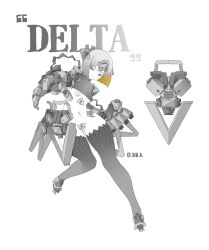 Rule 34 | 1girl, armor, arrow (symbol), blonde hair, body markings, breasts, closed mouth, colored inner hair, crossed bangs, cyborg, expressionless, eyes visible through hair, full body, groin, hand up, headgear, highres, liren44, looking to the side, machine, mechanical arms, mechanical legs, metal, monochrome, multicolored hair, navel, original, outstretched arm, science fiction, short hair, shoulder armor, sideways glance, simple background, small breasts, solo, spot color, stomach, underboob