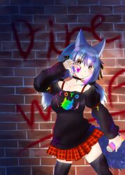 Rule 34 | 1girl, animal ears, blue hair, camisole, choker, dire wolf (kemono friends), extra ears, grey eyes, kemono friends, kemono friends v project, kneehighs, long hair, looking at viewer, nekomimi illust, ribbon, simple background, skirt, socks, solo, sweater, tail, twintails, virtual youtuber, wolf ears, wolf girl, wolf tail