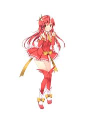 Rule 34 | 1girl, absurdres, blush, boots, clenched hands, covered navel, detached sleeves, full body, hair ornament, highres, jewelry, juure mikku pandora puerta, long hair, necklace, official art, open mouth, red hair, red theme, refeia, seton-cho minami, skirt, solo, thigh boots, thighhighs, white background, yellow eyes