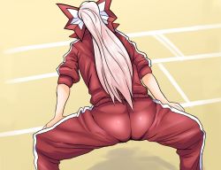 Rule 34 | 1girl, alternate costume, ass, bow, from behind, fujiwara no mokou, gym uniform, hair bow, highres, jacket, long hair, outdoors, pants, pantylines, pink hair, ponytail, red bow, red pants, ren (repps), solo, squatting, touhou, track jacket, track pants, track suit