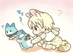 Rule 34 | !?, 1girl, ?, animal ear fluff, animal ears, blonde hair, blush, chibi, commentary request, elbow gloves, full body, furby, gloves, holding, holding stuffed toy, kemono friends, kemono friends 3, kuro shiro (kuro96siro46), lucky beast (kemono friends), print gloves, print skirt, serval print, shirt, short hair, sitting, skirt, sleeveless, solo, stuffed toy, tail, translation request, white serval (kemono friends), white shirt, yellow gloves, yellow skirt