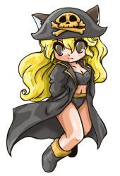 Rule 34 | 1girl, animal ears, bad id, bad pixiv id, bikini, black bikini, blonde hair, boots, brown eyes, captain nora, cat ears, chibi, coat, full body, hands in pockets, hat, knee boots, long hair, monster maker, okuri ookami, pirate, pirate hat, shoes, simple background, skull, smile, solo, swimsuit, white background