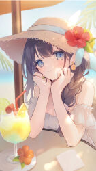 Rule 34 | 1girl, bare shoulders, bendy straw, black hair, blue eyes, braid, breasts, brown hat, cleavage, closed mouth, commentary request, day, dress, drinking straw, earrings, flower, food, fruit, green nails, hair over shoulder, hands up, hat, hat flower, highres, jewelry, long hair, looking at viewer, medium breasts, nail polish, ocean, orange (fruit), orange slice, original, outdoors, red flower, single braid, smile, solo, straw hat, suzumori uina, water, white dress