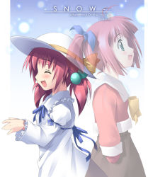 Rule 34 | antenna hair, back-to-back, blush, dual persona, closed eyes, green eyes, hat, kantoku, pink hair, short twintails, snow (game), twintails, wakou ouka