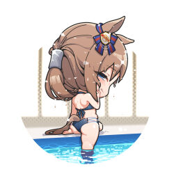 Rule 34 | 1girl, animal ears, ass, bare shoulders, barefoot, bikini, blue bikini, blue eyes, bow, chibi, closed mouth, commentary, ear ornament, ear ribbon, from behind, grass wonder (umamusume), highres, horse ears, horse girl, horse tail, light brown hair, long hair, looking at viewer, looking back, no nose, profile, shirt, smirk, solo, swimsuit, tail, thighs, umamusume, warashi, water, wet, wet clothes, wet shirt