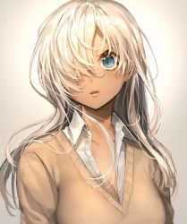 Rule 34 | 1girl, bad id, bad pixiv id, beige sweater, blue eyes, breasts, cleavage, collared shirt, commentary request, dark-skinned female, dark skin, hair over one eye, highres, large breasts, long hair, looking at viewer, open mouth, original, school uniform, shinotarou (nagunaguex), shirt, solo, upper body, v-neck, white hair