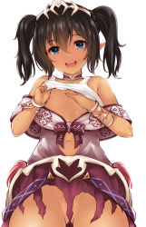 Rule 34 | 1girl, :d, black hair, blue eyes, breasts, clothes lift, clothing cutout, collar, commentary request, from below, hair between eyes, half-closed eyes, hand under clothes, hand under shirt, nadia (sennen sensou aigis), navel, navel cutout, open mouth, sennen sensou aigis, shirt, shirt lift, simple background, skirt, small breasts, smile, solo, suspender skirt, suspenders, tank top, teeth, tiara, twintails, uni8, white background