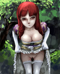 Rule 34 | 10s, 1girl, breasts, cleavage, clothes lift, dragon nest, dress, dress lift, elbow gloves, facing viewer, feet out of frame, gloves, hanged man, leaning forward, lena (dragon nest), lifted by self, looking at viewer, outdoors, panties, panty pull, presenting, pussy, red eyes, red hair, self exposure, solo, standing, thighhighs, tree, uncensored, underwear, white panties, white thighhighs