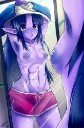 Rule 34 | abs, ahoge, armpit hair, armpits, blue hair, breasts, elf, inverted nipples, kyattsu, lilac skin, non-web source, original, pointy ears, puffy areolae, red eyes, small breasts, tari numenesse