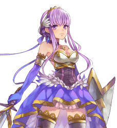 Rule 34 | 1girl, bare shoulders, breasts, choker, cross, dress, earrings, elbow gloves, feather hair ornament, feathers, female focus, gloves, hair ornament, hair ribbon, highres, jewelry, long hair, medium breasts, momori, pixiv fantasia, pixiv fantasia wizard and knight, purple eyes, purple hair, ribbon, shield, simple background, solo, strapless, strapless dress, sword, thighhighs, tiara, weapon, white background