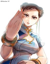 Rule 34 | 1girl, artist name, blue dress, bracelet, breasts, brown eyes, brown hair, capcom, china dress, chinese clothes, chun-li, commentary request, double bun, dress, earrings, fingernails, focused, foreshortening, hair bun, jewelry, lips, looking at viewer, medium breasts, nail polish, puffy short sleeves, puffy sleeves, short sleeves, simple background, solo, street fighter, street fighter 6, taut clothes, twitter username, upper body, white background, yotastar