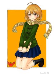 Rule 34 | 1girl, bandaid, bandaid on face, beige scarf, black socks, blue skirt, border, brown footwear, brown hair, commentary request, crab, full body, green jacket, jacket, kantai collection, kneehighs, kneeling, kudou (ooabareteng), loafers, looking at viewer, oboro (kancolle), one-hour drawing challenge, orange background, plaid, plaid scarf, scarf, shoes, short hair, skirt, socks, twitter username, two-tone background, white border