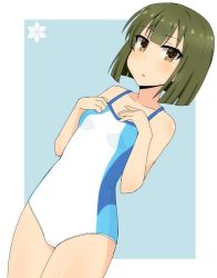 Rule 34 | 1girl, ban tsugumi, blush, breasts, green hair, junes, one-piece swimsuit, parted lips, short hair, simple background, small breasts, solo, swimsuit, toji no miko, two-tone background, yellow eyes