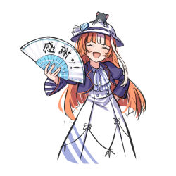 Rule 34 | 1girl, akikawa yayoi (umamusume), animal, animal on head, ascot, blush, bucket hat, cat, closed eyes, cropped jacket, cropped legs, facing viewer, fang, folding fan, hand fan, hand on own hip, hat, high-waist skirt, highres, holding, holding fan, katuko deluxe, long hair, long sleeves, multicolored hair, on head, open mouth, orange hair, simple background, skirt, smile, solo, streaked hair, umamusume, v-shaped eyebrows, white background, white hat, white skirt