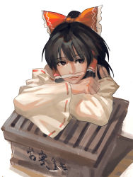 Rule 34 | 1girl, balancing, black hair, bow, box, crossed arms, donation box, frilled hair tubes, frills, hair bow, hair tubes, hakurei reimu, head rest, highres, hunter.g, japanese clothes, long hair, miko, pencil as mustache, ponytail, realistic, simple background, solo, touhou, white background
