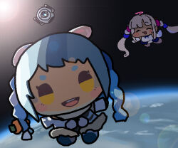 2girls blue_hair carrot_hair_ornament chibi chibi_only closed_eyes earth_(planet) food-themed_hair_ornament grey_hair hair_ornament halo hololive hololive_english jazz_jack looking_at_viewer multiple_girls open_mouth pink_halo planet portal portal_(series) portal_2 space sun tsukumo_sana twintails usada_pekora virtual_youtuber wheatley yellow_eyes