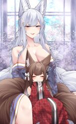 Rule 34 | 2girls, :d, absurdres, amagi-chan (azur lane), animal ears, azur lane, bare shoulders, between legs, blue eyes, blue kimono, blush, breasts, brown hair, cleavage, closed eyes, eyeshadow, facing viewer, fang, flower, fox ears, fox girl, fox tail, hair between eyes, hair flower, hair ornament, hand between legs, hands up, happy, highres, indoors, japanese clothes, kimono, kitsune, large breasts, long hair, looking at another, looking down, makeup, multiple girls, multiple tails, off shoulder, open mouth, own hands together, print kimono, purple eyes, red eyeshadow, red kimono, samip, shinano (azur lane), sitting, slit pupils, smile, tail, very long hair, white flower, white hair
