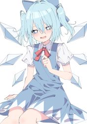 Rule 34 | 1girl, alternate hairstyle, blue bow, blue dress, blue eyes, blue hair, blush, bow, cirno, collared shirt, detached wings, dress, fairy, feet out of frame, hair between eyes, hair bow, highres, ice, ice wings, open mouth, puffy short sleeves, puffy sleeves, shirt, short hair, short sleeves, simple background, solo, touhou, tsukimirin, two side up, white background, white shirt, wings