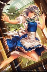 Rule 34 | 1girl, alice jing, apron, bare legs, between fingers, bow, braid, dutch angle, hair bow, hallway, head tilt, holding, izayoi sakuya, jumping, knife, leg up, legs, long legs, looking at viewer, maid headdress, open hand, outstretched arm, parted lips, puffy short sleeves, puffy sleeves, red eyes, ribbon, short hair, short sleeves, silver hair, skirt, skirt set, socks, solo, thighs, touhou, twin braids, waist apron, watermark