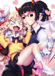 Rule 34 | 10s, angry, black hair, black necktie, black pants, black skirt, blonde hair, bow, carrying, character request, closed mouth, collared shirt, demon girl, demon horns, demon tail, eyebrows, floral background, glasses, glint, gloves, gradient background, hand on another&#039;s shoulder, heart, horn bow, horn ornament, horn ribbon, horns, leg grab, long hair, long sleeves, necktie, open mouth, over-rim eyewear, pants, pink-framed eyewear, pink bow, pink ribbon, pocket watch, pointy ears, ponytail, princess carry, puckered lips, purple vest, pushing away, ribbon, rodway, semi-rimless eyewear, shirt, shoes, single horn, skirt, socks, sparkle, standing, stuffed toy, tail, tears, trickster (ntreev soft), vest, watch, wavy mouth, white footwear, white gloves, white legwear, white shirt, wing collar, yellow shirt