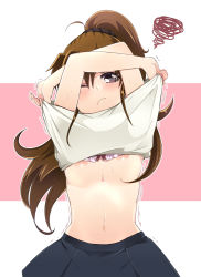 Rule 34 | 1girl, arms up, blush, bow, bow bra, bra, breasts, brown eyes, brown hair, clothes lift, frown, inconvenient breasts, kamiya zuzu, large breasts, lifted by self, lingerie, long hair, midriff, navel, nipple slip, nipples, one eye closed, pink bra, ponytail, purple eyes, shirt lift, solo, squiggle, sweat, taneshima popura, trembling, underwear, undressing, wink, working!!