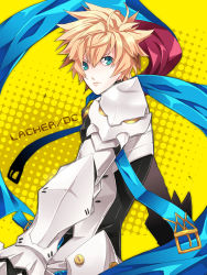 Rule 34 | 1boy, aqua eyes, armor, bad id, bad pixiv id, blonde hair, character name, chung seiker, daizu yan, deadly chaser (elsword), elsword, gloves, looking back, male focus, messy hair, scarf, solo, yellow background
