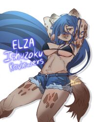 1girl bikini bikini_top_only black_bikini breasts brown_eyes character_name copyright_name dr_whiger drop_shadow elza_(ishuzoku_reviewers) furry furry_female grey_fur hair_over_one_eye highres hyena_girl ishuzoku_reviewers large_breasts long_hair looking_at_viewer shorts simple_background solo swimsuit white_background