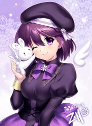 Rule 34 | 1girl, ;), animal, animal hug, animal on hand, beret, black hat, black shirt, blush, bow, breasts, c:, closed mouth, commentary request, commission, hair between eyes, hand up, hat, hug, juliet sleeves, long sleeves, looking at viewer, medium breasts, one eye closed, puffy sleeves, purple background, purple bow, purple eyes, purple hair, purple theme, rabbit, second-party source, shirt, signature, simple background, skeb commission, smile, solo, tareme, trystar, umino hotaru, upper body, virtual youtuber, white wings, wings, zen (kamuro)