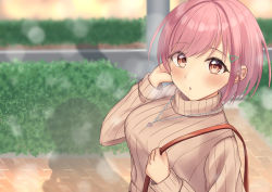 Rule 34 | 1girl, absurdres, bag, blurry, blurry background, blush, breath, brown eyes, brown sweater, bush, hair ornament, hairclip, hand in own hair, heart, heart necklace, highres, jewelry, long sleeves, looking at viewer, necklace, original, outdoors, parted lips, pink hair, ribbed sweater, short hair, snow, solo, sweater, swept bangs, tsukishiro mio, turtleneck, turtleneck sweater, upper body, winter