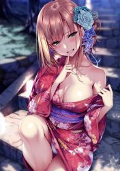 Rule 34 | 1girl, absurdres, bare shoulders, blonde hair, blurry, blurry background, blush, breasts, cleavage, collarbone, dappled sunlight, day, eyelashes, finger to mouth, fingernails, floral print, green eyes, hair ornament, half-closed eyes, highres, huge filesize, japanese clothes, kimono, large breasts, lips, long fingernails, looking at viewer, nail polish, obi, off shoulder, original, outdoors, panties, parted lips, pink nails, piromizu, sash, scan, shade, shushing, sidelocks, sitting, smile, solo, stairs, stone stairs, sunlight, sweat, sweatdrop, tree, tree shade, underwear, white panties, yukata