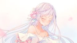 Rule 34 | 1girl, bare shoulders, blush, borrowed character, braid, braided bangs, closed eyes, closed mouth, collarbone, commission, dress, flower, french braid, gradient background, hair flower, hair ornament, highres, hyanna-natsu, lips, long hair, off-shoulder dress, off shoulder, original, petals, pink flower, silver hair, smile, solo, straight hair, swept bangs, tulip, upper body, white dress