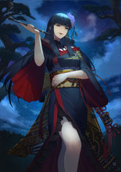 Rule 34 | 1girl, bare shoulders, bat hair ornament, black collar, black hair, black kimono, blowing smoke, blunt bangs, blunt ends, cloud, collar, feet out of frame, final fantasy, final fantasy xiv, flower, from below, green eyes, hair flower, hair ornament, hand on own stomach, hand up, holding, holding smoking pipe, hyur, japanese clothes, kimono, kiseru, lace collar, long hair, looking at viewer, looking down, mole, mole under mouth, night, night sky, obi, obiage, obijime, off shoulder, outdoors, sash, shin716, side slit, sidelocks, sky, smoke, smoking pipe, solo, standing, star (sky), starry sky, tree, wide sleeves, yotsuyu goe brutus